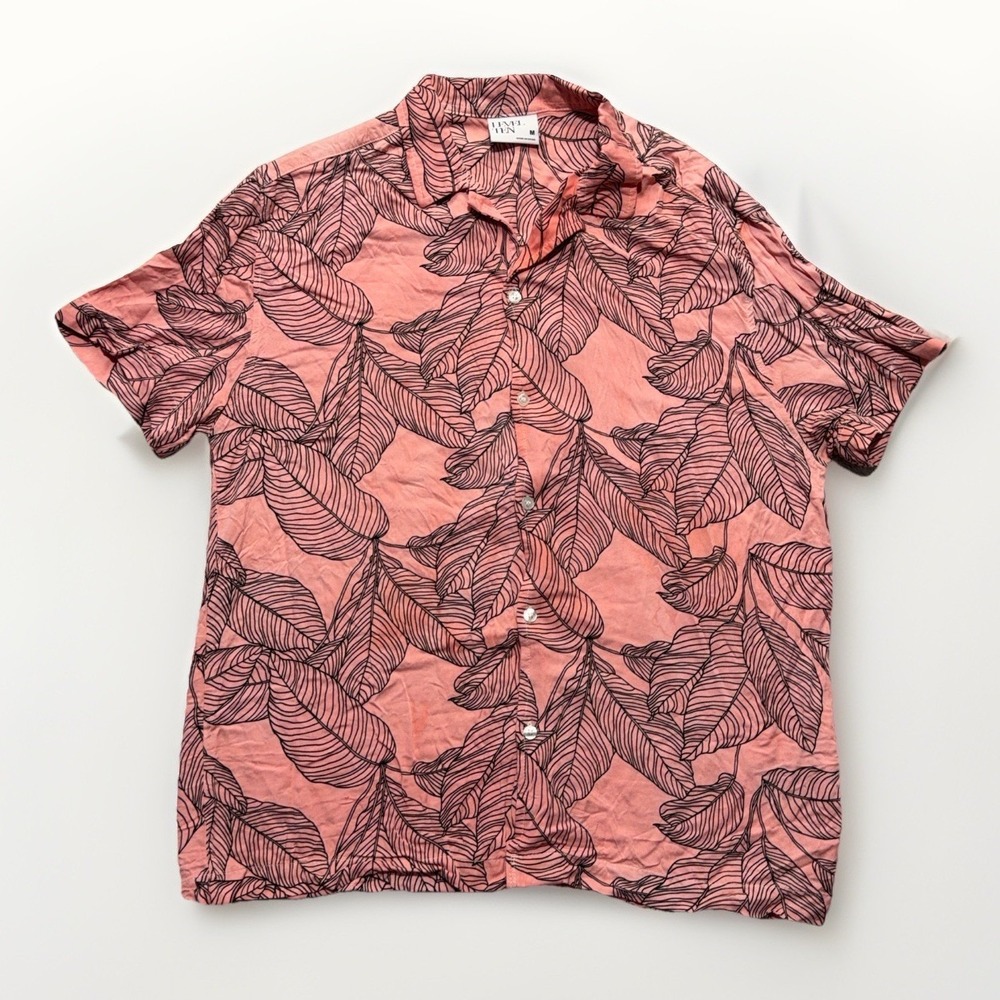 Level Ten Mens Short Sleeve Button Up Shirt M Hawaiian Tropical Floral Pink Top